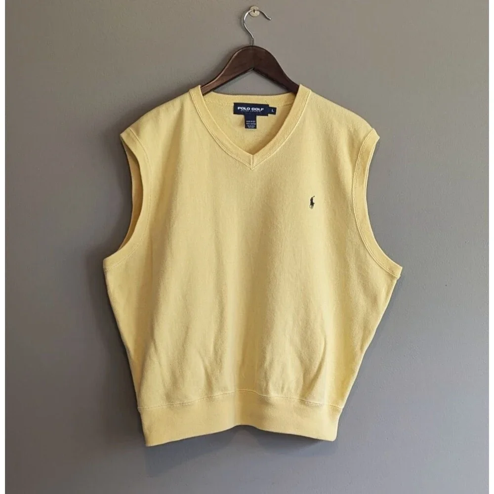 Vintage Polo Golf Ralph Lauren Mens Large Yellow V Neck Sweater Vest Cotton USA